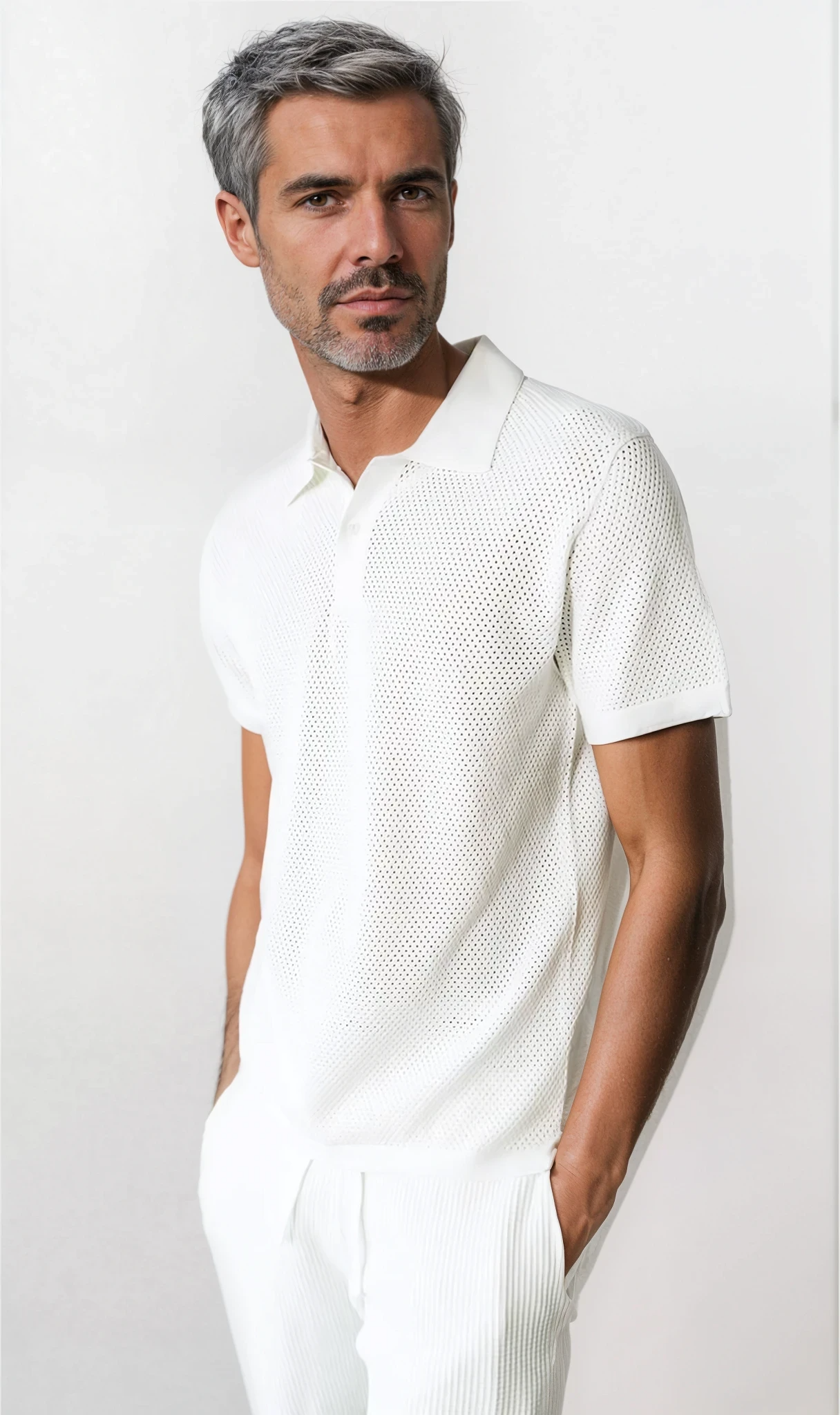 Man wearing a white textured polo shirt and pants against a light gray background